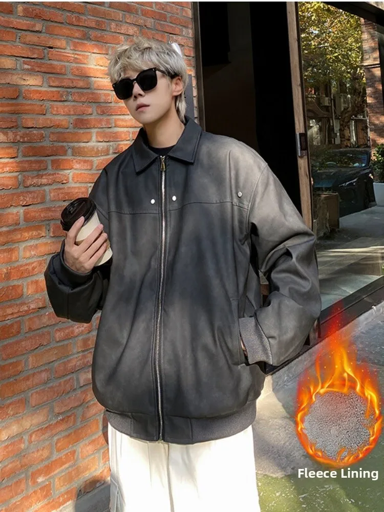 

Men's Winter Thiened Fce Lined PU Leather Flight Jaet Cotton Coat Turn-down Collar American Retro Sle Casual Wear