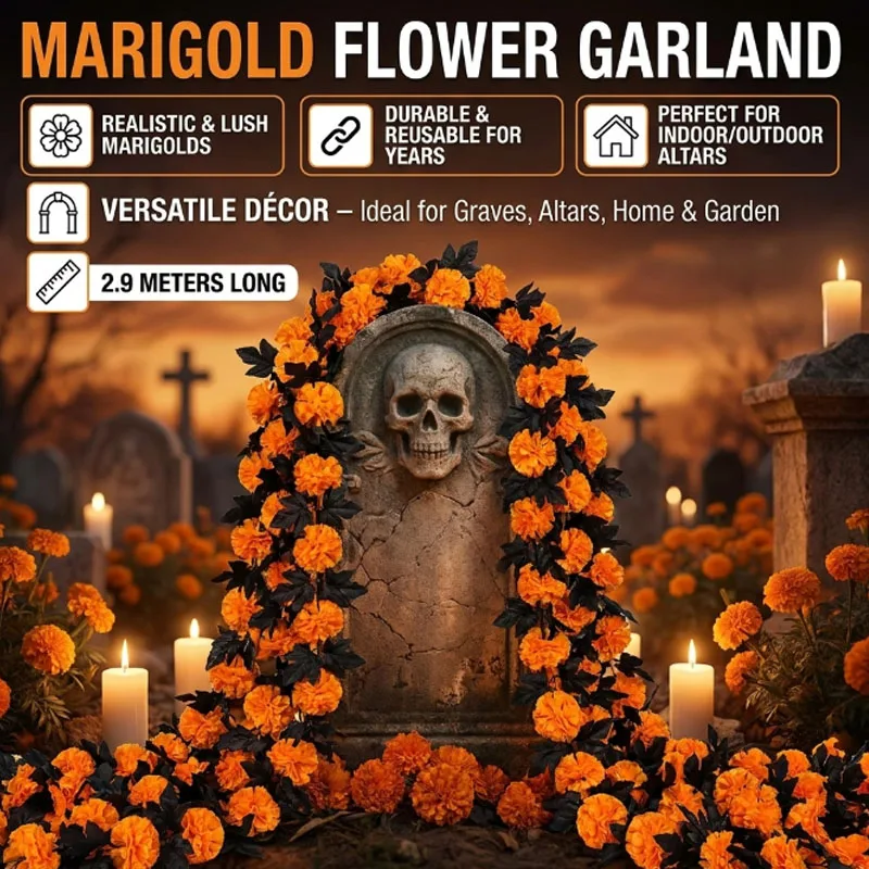 Guirnalda de Flores de Caléndula para el Día de Muertos, Corona de Flores Naranja Brillante para Decoración de Altar, Bolsas de Regalo para Fiestas y Celebraciones en el Hogar