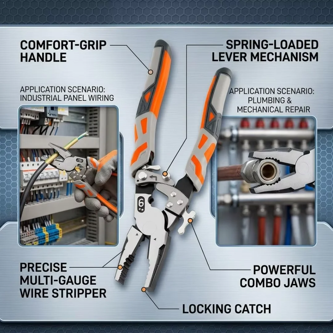 Portable Industrial 9" Ratchet Self-Locking Pliers Multifunctional Electrician Pliers For Cable Cutting Stripping Repair Hand To