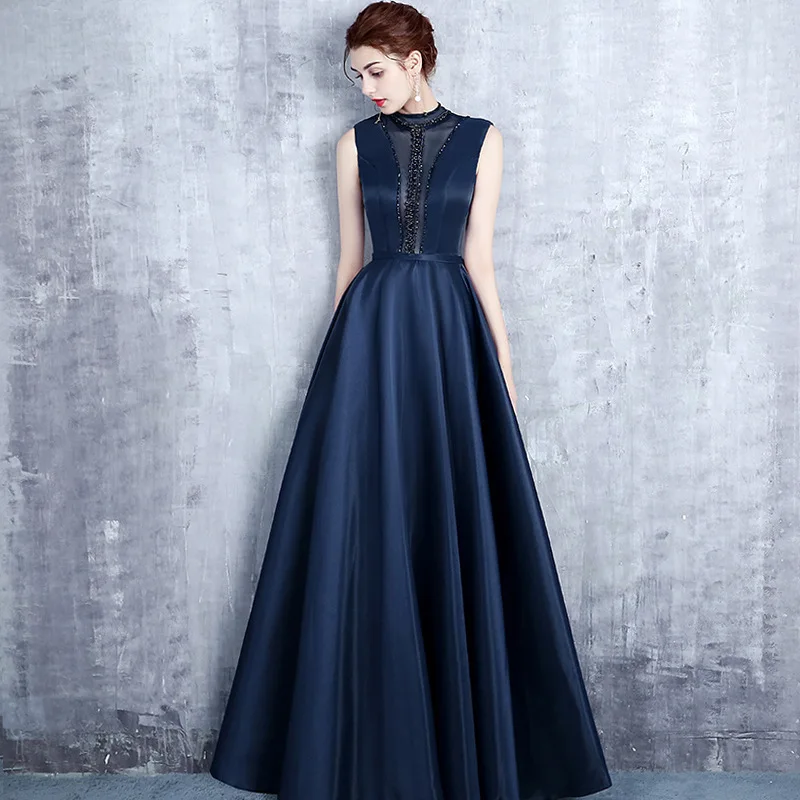 

Temperament Solid Color Formal Banquet Dress Half High Collar A-line Evening Dresses For Women Backless Bandage Satin Prom Gown