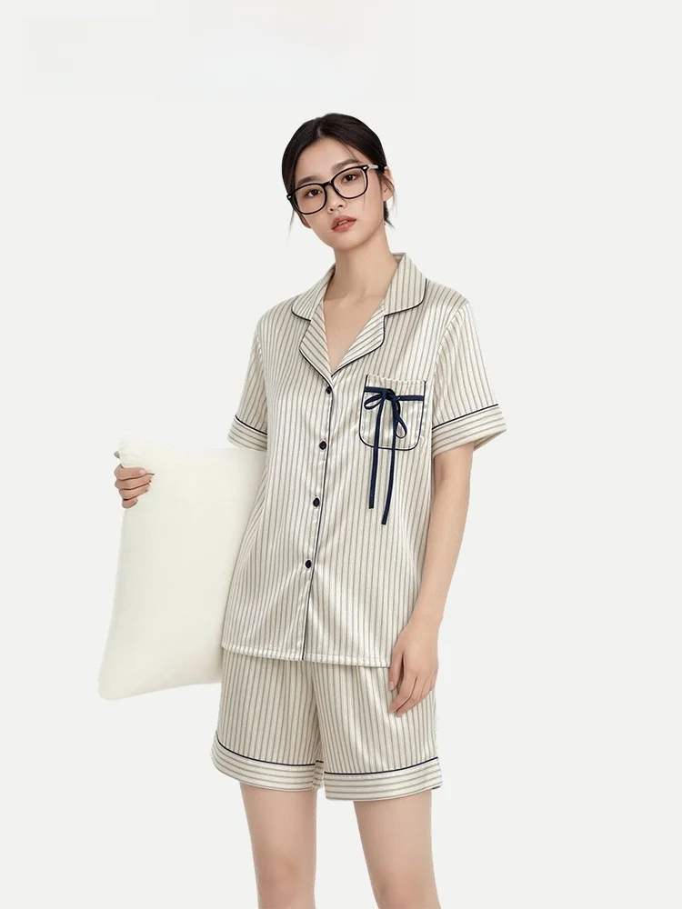 

Pinkbread Ice Silk Knot Ladies Sleepwear Summer Home Clothes Set Short Sleeve Shorts Outwear Suitable for Youth