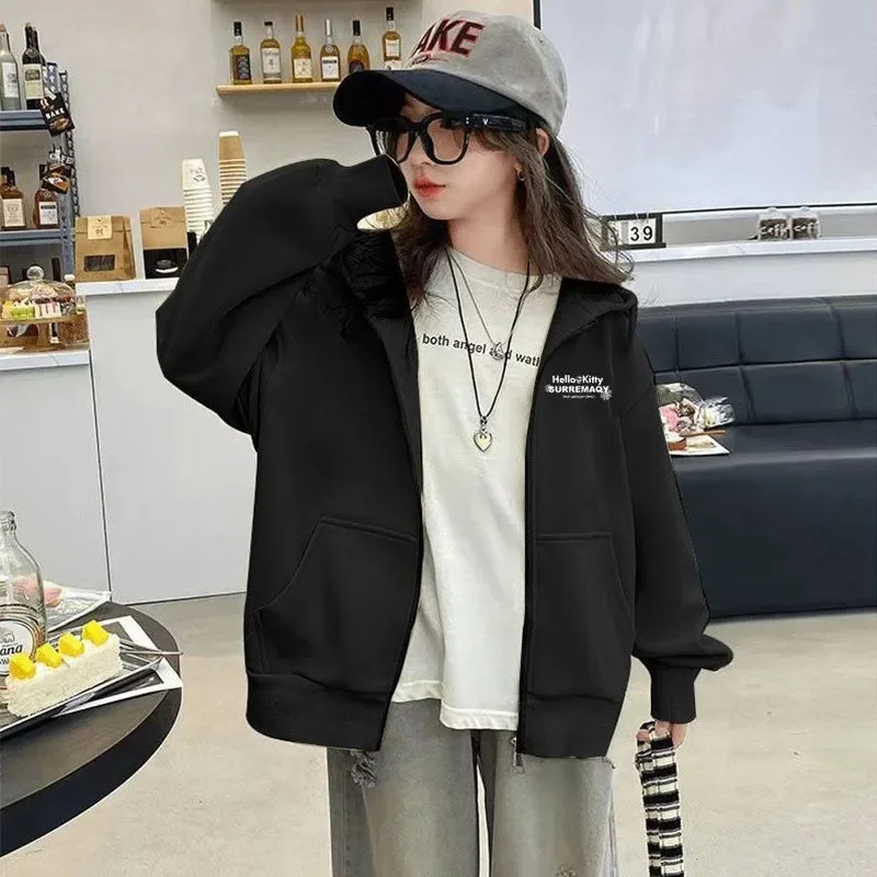 American Streetwear Oversized Zipper Hoodie for Tween Girls 2025 Autumn Winter School Casual Spider Graphic Jacket