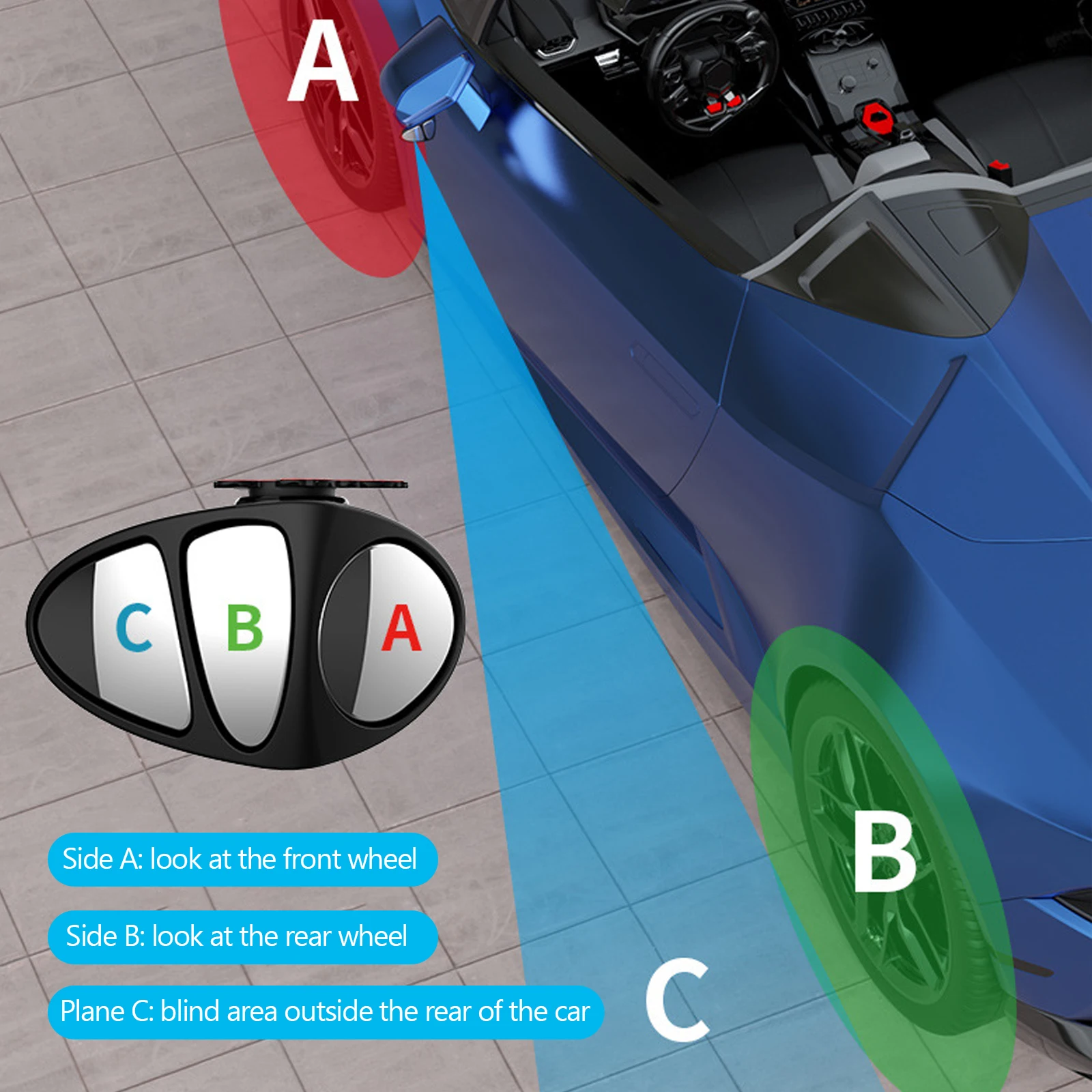 Miroir convexe inversé pour angle mort, rotation à trois côtés, 3 en 1, résistant à 360, angle mort inversé, droit et magasins, 2 pièces