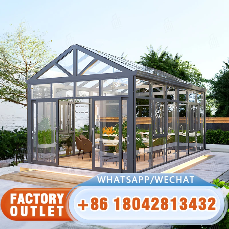 Grey Lean to Conservatory Robust Structure Sunroom Safety Glass Aluminium Frame Prefab Room