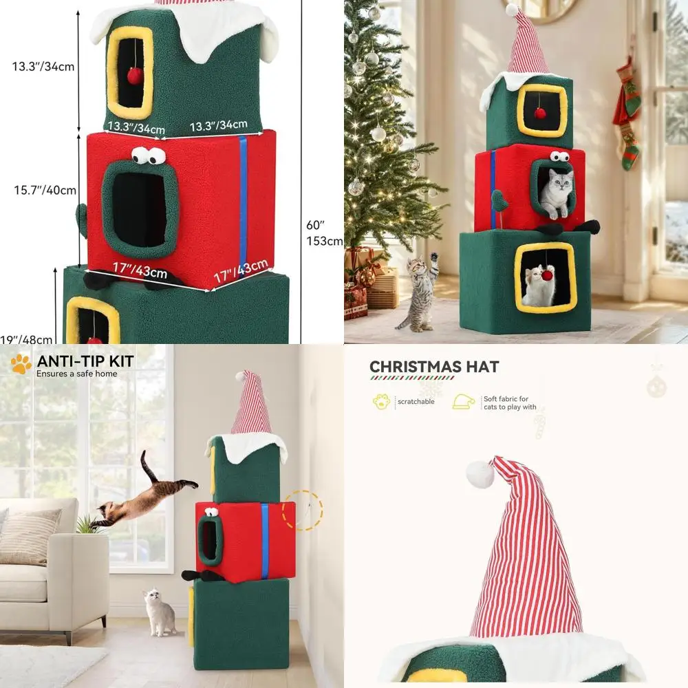 

Holiday 60 Cat Tree with 3 Enclosed Houses, Plush Ball, and Christmas Tree-Inspired Cat Condo