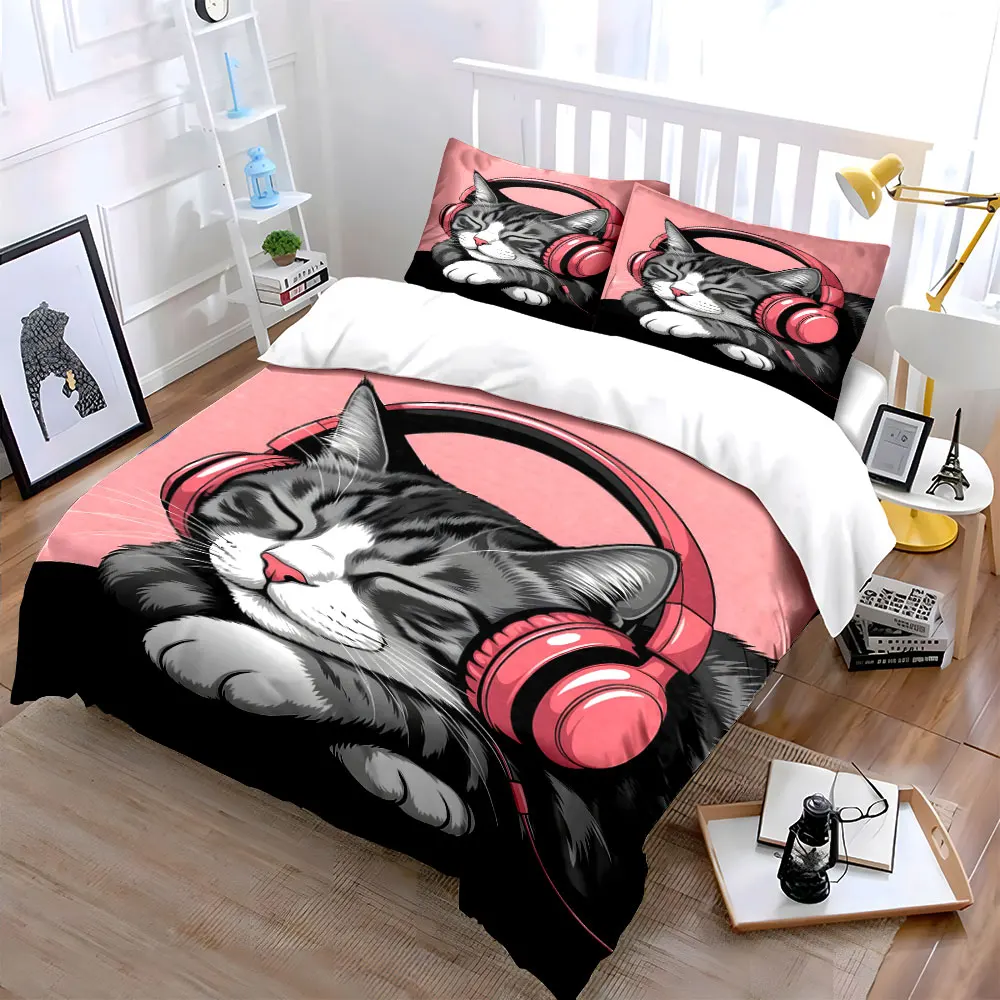 Relaxed Cat Wearing Pink Headphones Print Bedding Set 1 Duvet Cover 2 Pillowcases for Adult and Children Luxury Gift Full Size