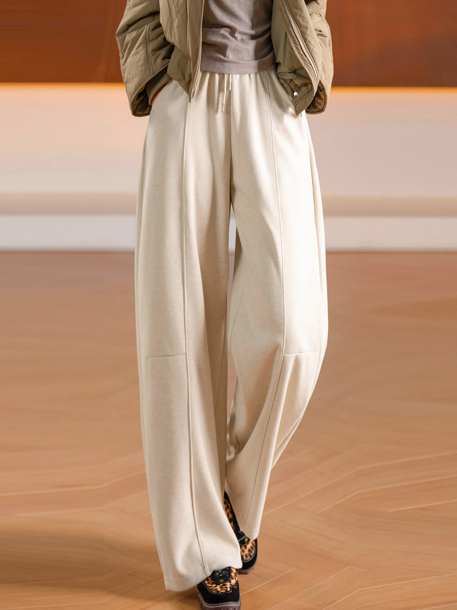 Slimming Cloud Wool Casual Pants with Belt Drapey Center Seam Custom-Made Elastic Waist Straight Leg Ladies' Daily Wear