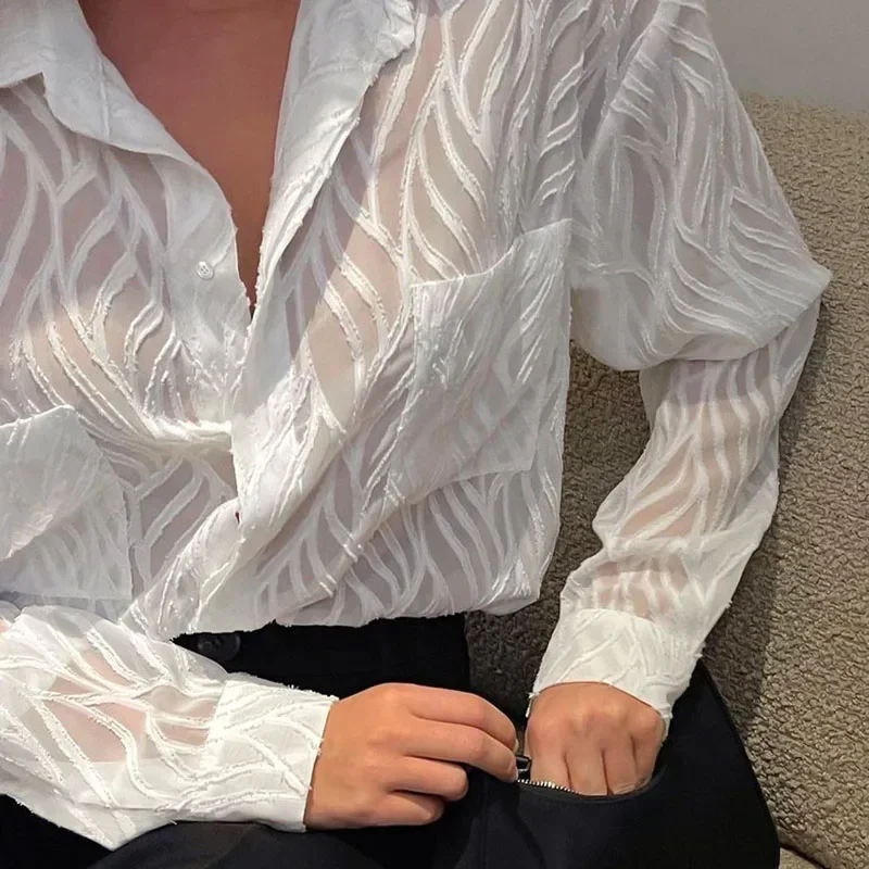 2022 Spring Summer Women Long Sleeve Solid White Ladies Office Tops Elegant Transparent Blouse Shirt For Woman Female