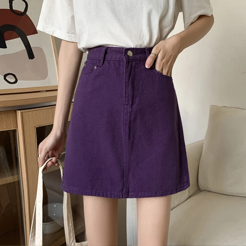 

High Waist A-Line Skirt Women's Chic Korean Sle Summer Thin Denim f-length Slimming Skirts Casual Student orts