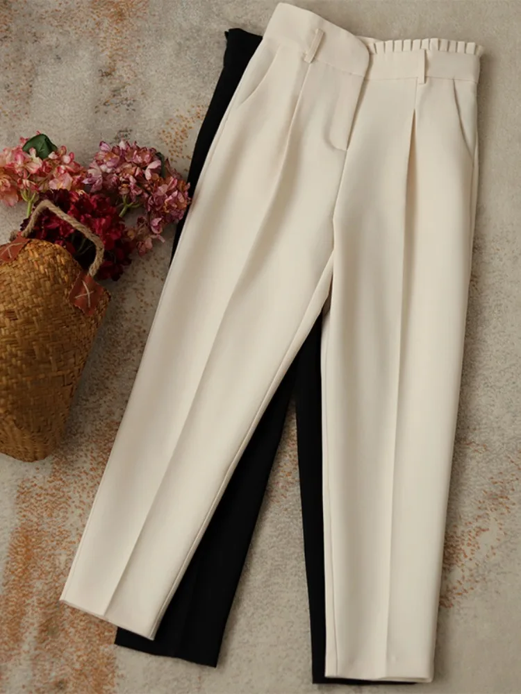 

High Waist Floral Lace Pleated Commuter Small West Pants Women Casual Slimming Pencil Harlan Pants Street Style Asymmetric Po...