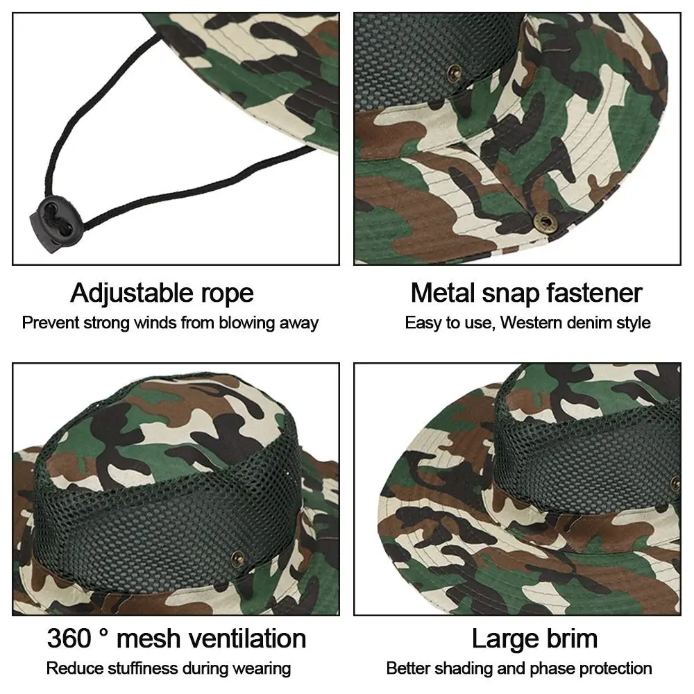 Outdoor Breathable Mesh Camouflage Bucket Hat Sun Protection Hunting Wide Brim Fishing Hiking Cap Mens Womens Sun Visor Hat