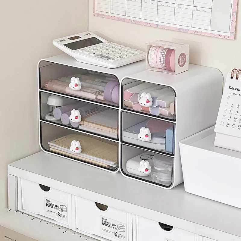 Cute Desktop Transparent Drawer Storage Box Student Desk Large Capacity Stationery Organizer Box Office Kawaii Bunny Storage Box