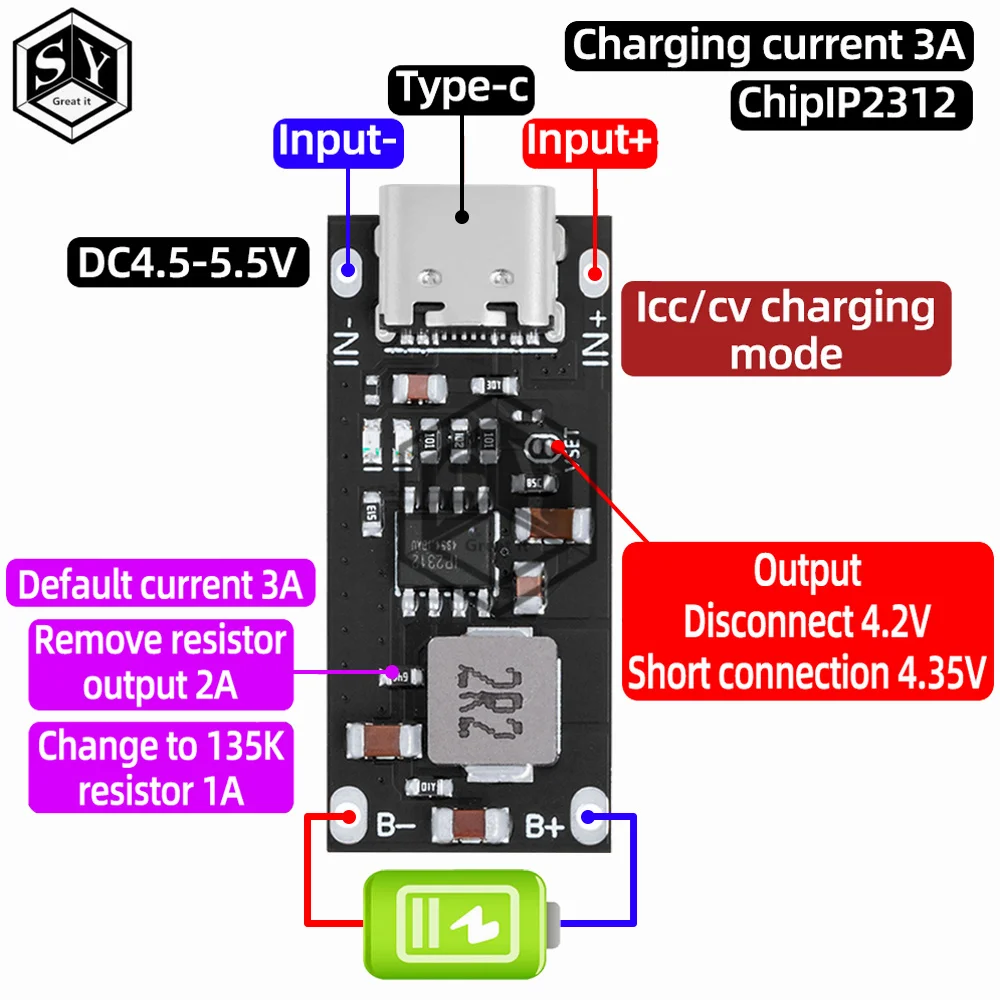 IP2312 CC/CV Mode Type-C USB Input High Current 3A Polymer Ternary Lithium Battery Quick Fast Charging Board 5V To 4.2V