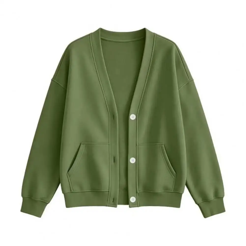 Women Button Front Cardigan Solid Color Oversized Sweatshirt with Dual Pockets Long Sleeve Casual Jacket for Fall Winter