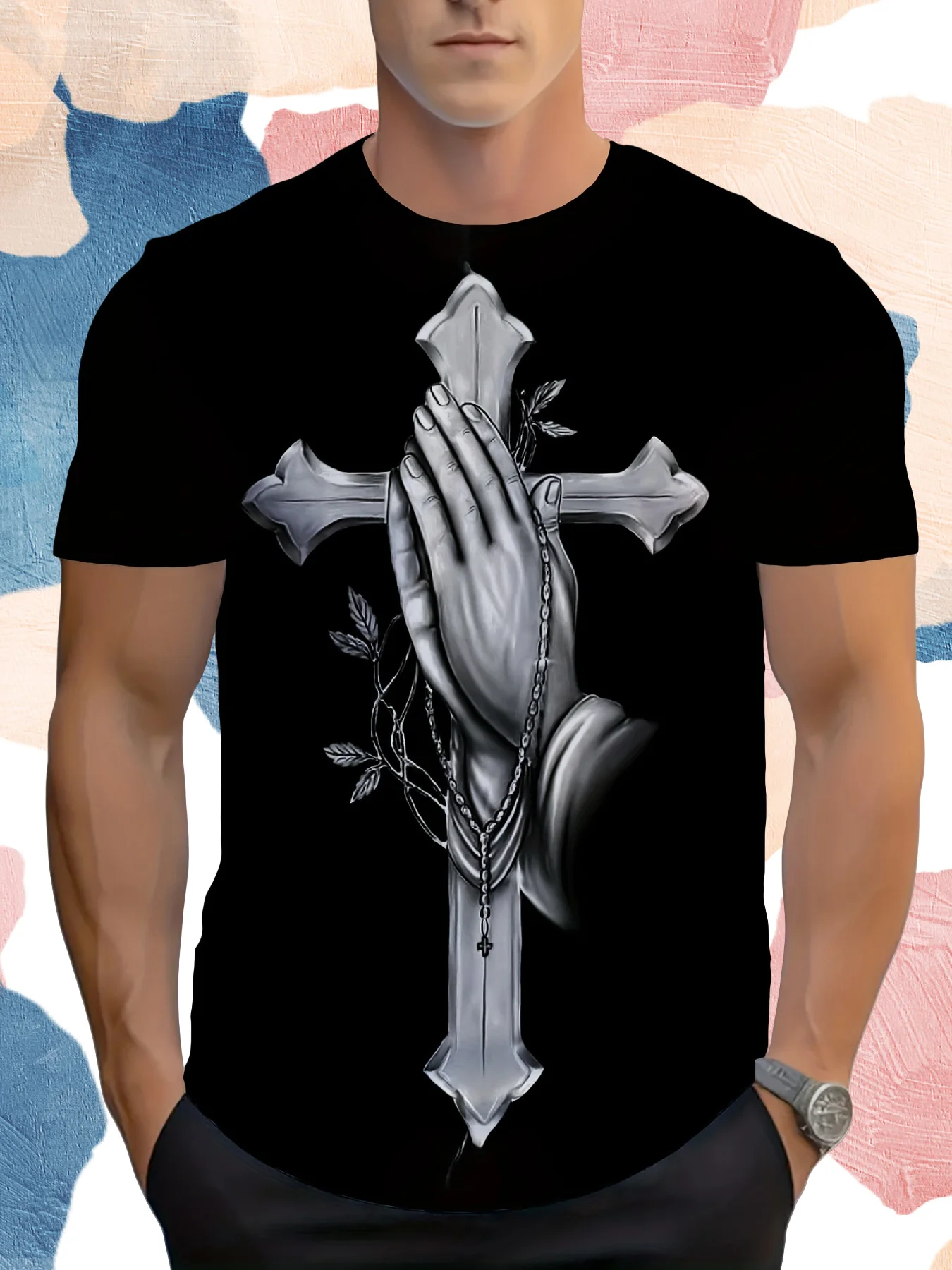 

Prayer pattern short-sleeved T-shirt, sports short-sleeved, spring and summer wear, machine washable, daily wear