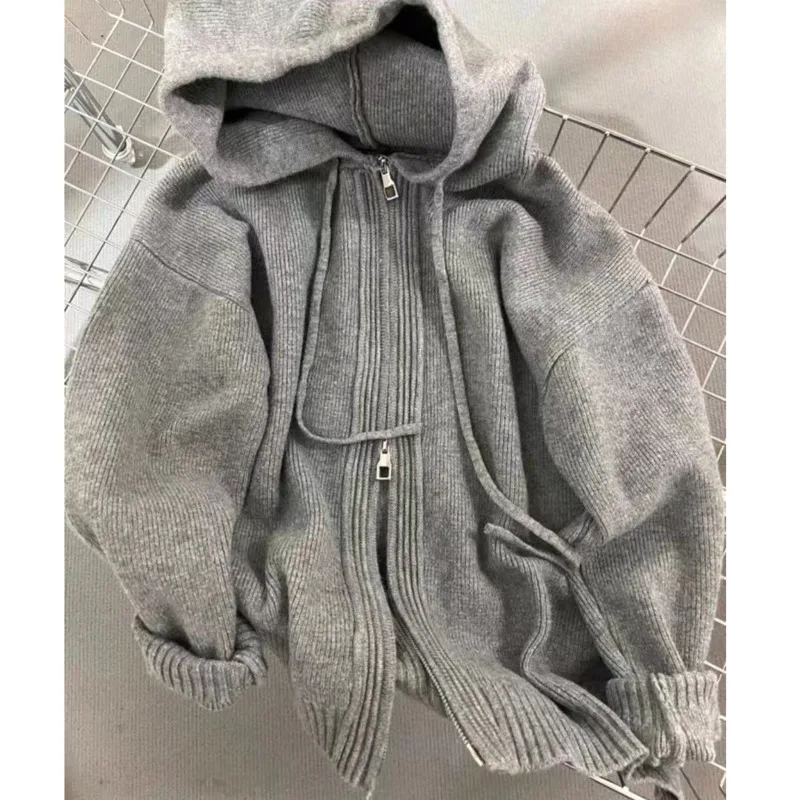 Striped Sweater Hooded Sweater Knitted Cardigan Women Autumn Winter Retro Punk Lazy Fun Sweet Zipper Cardigan Loose Jacket Top