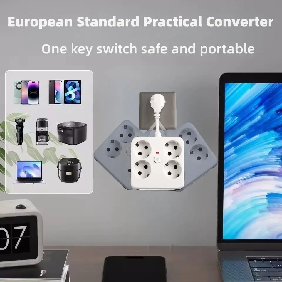 A power socket with flexible short wires designed for a master control switch, featuring 4 AC sockets, 2 USB ports, and 1 Type-C