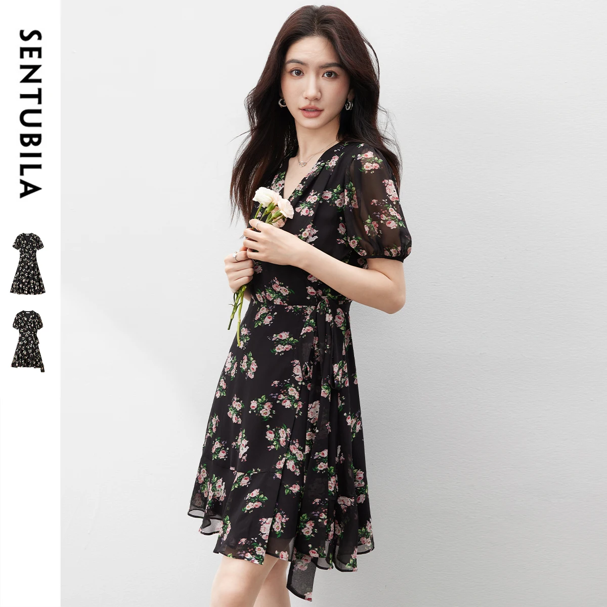 Sentubila Floral Dress Women's 2025 Summer V-neck Strap Waist Lace Up Short-sleeved Dress Chiffon Puff Sleeve Elegant Q52LF0035