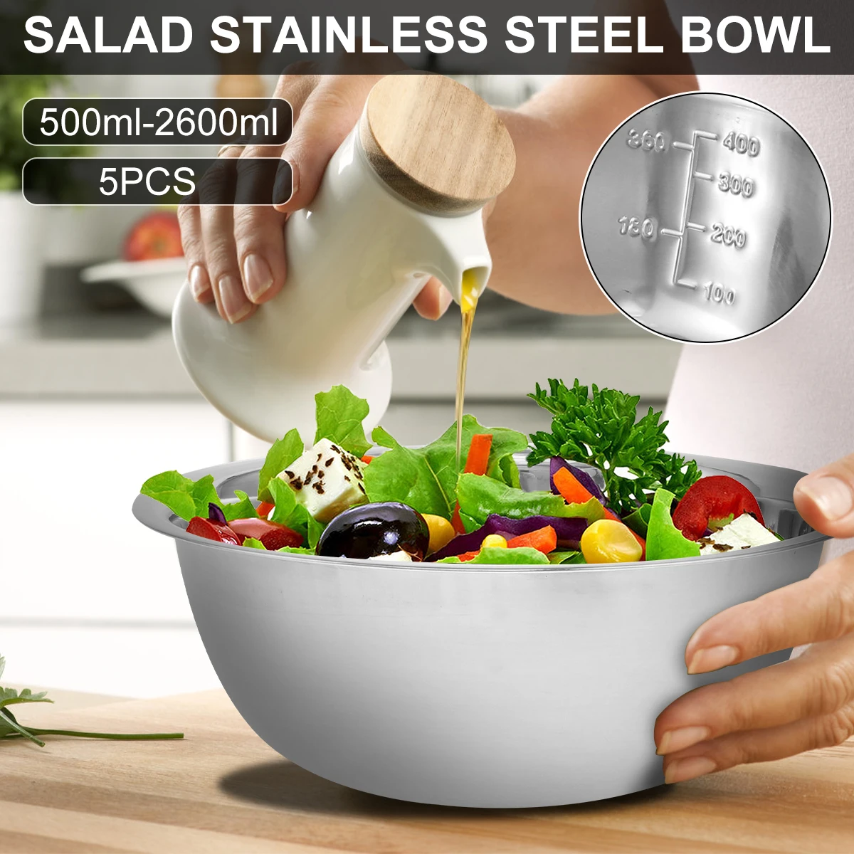 5 Pcs Stainless Steel Mixing Bowl Set Multipurpose Soup Basin 5 Sizes Space Saving Nesting Bowls Set 2600ML Salad Bowls