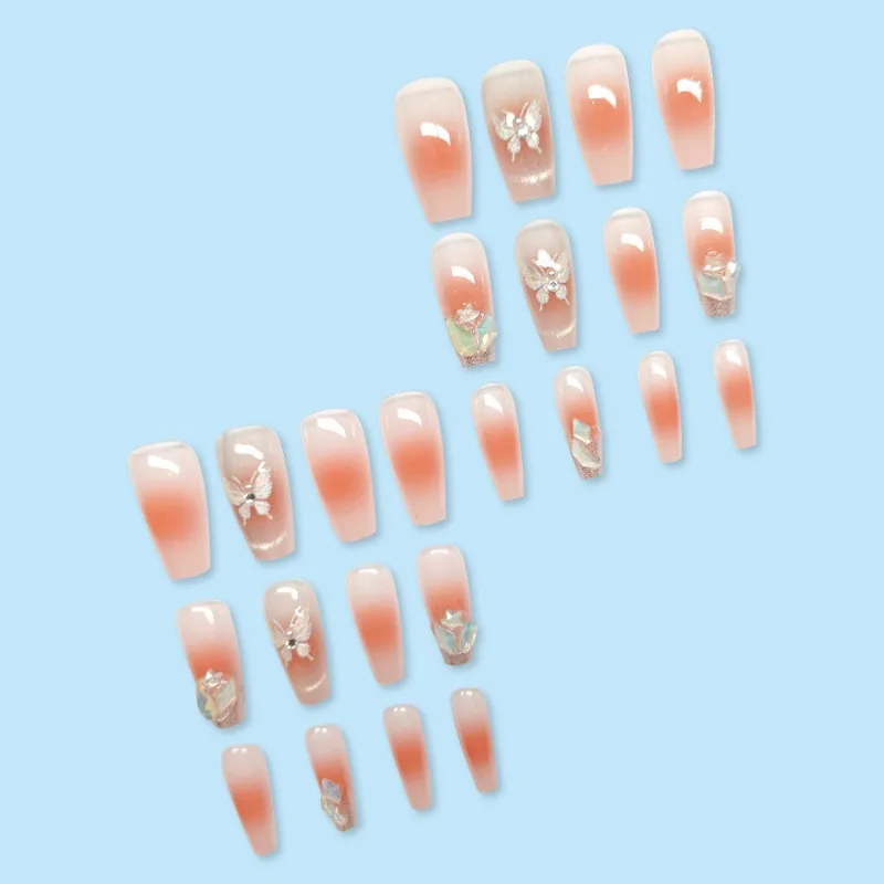 Borboleta Olho de Gato Blush Gradiente Nails Set, Pérolas, Diamantes, Press Ons, Médio, Longo, Unhas Postiças, Bonito, Stick-On Unhas Falsas, 24Pcs