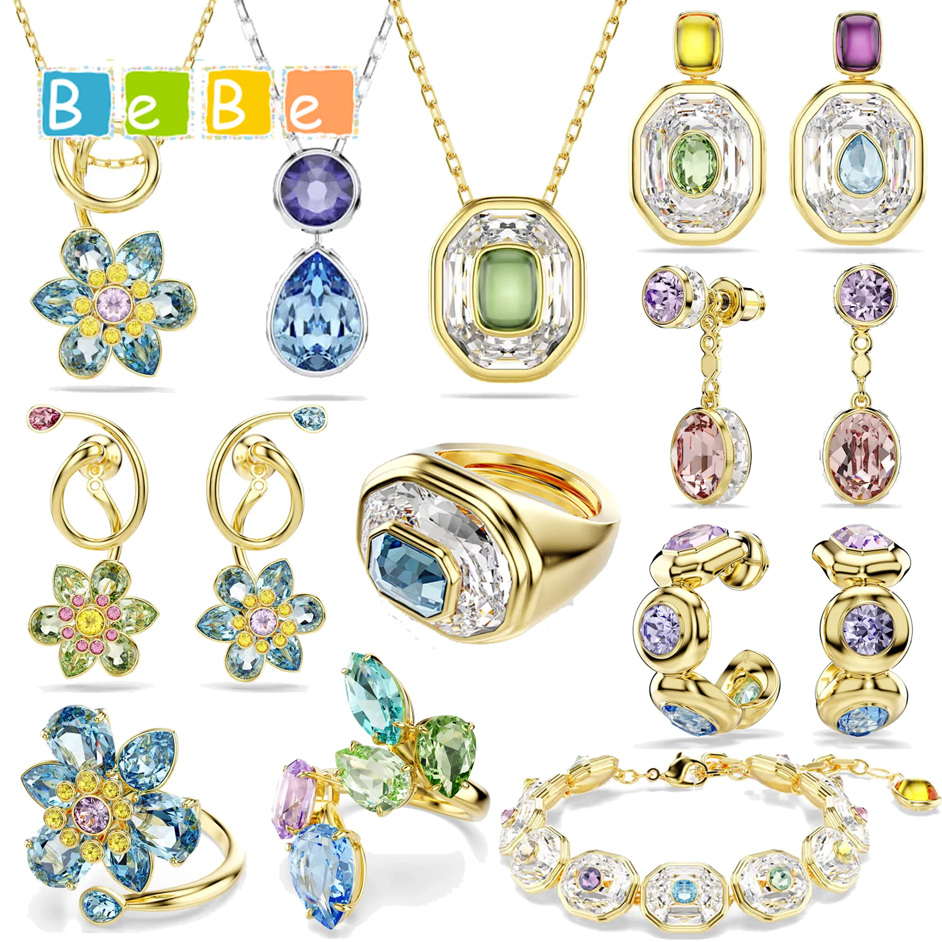 2026 Light Luxury High-quality Commemorative Jewelry Sets Charming Pink Flower Crystal Earrings Blue Gemstone Necklace for Women
