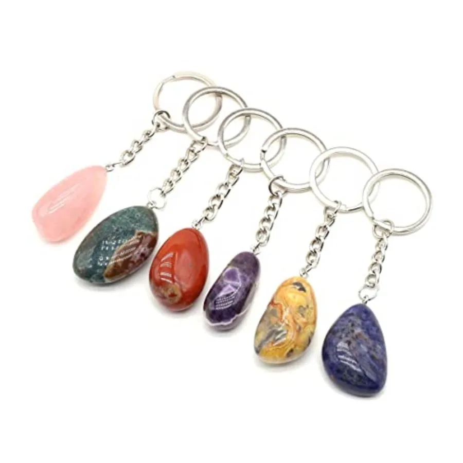 

QSLLER 15pcs Irregular Keychain Natural Rose Quartz Opal Agate Stone Pendant MakingDIYJewelry Handbag Purse Household Charm Gif