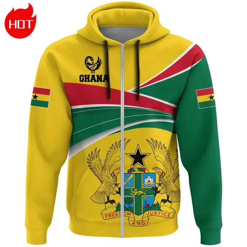 3D Printed African Country Ghana Map Flag Zip Up Hoodies The Republic-of Ghana Emblem Graphic Pullovers Vintage Mens Sweatshirts