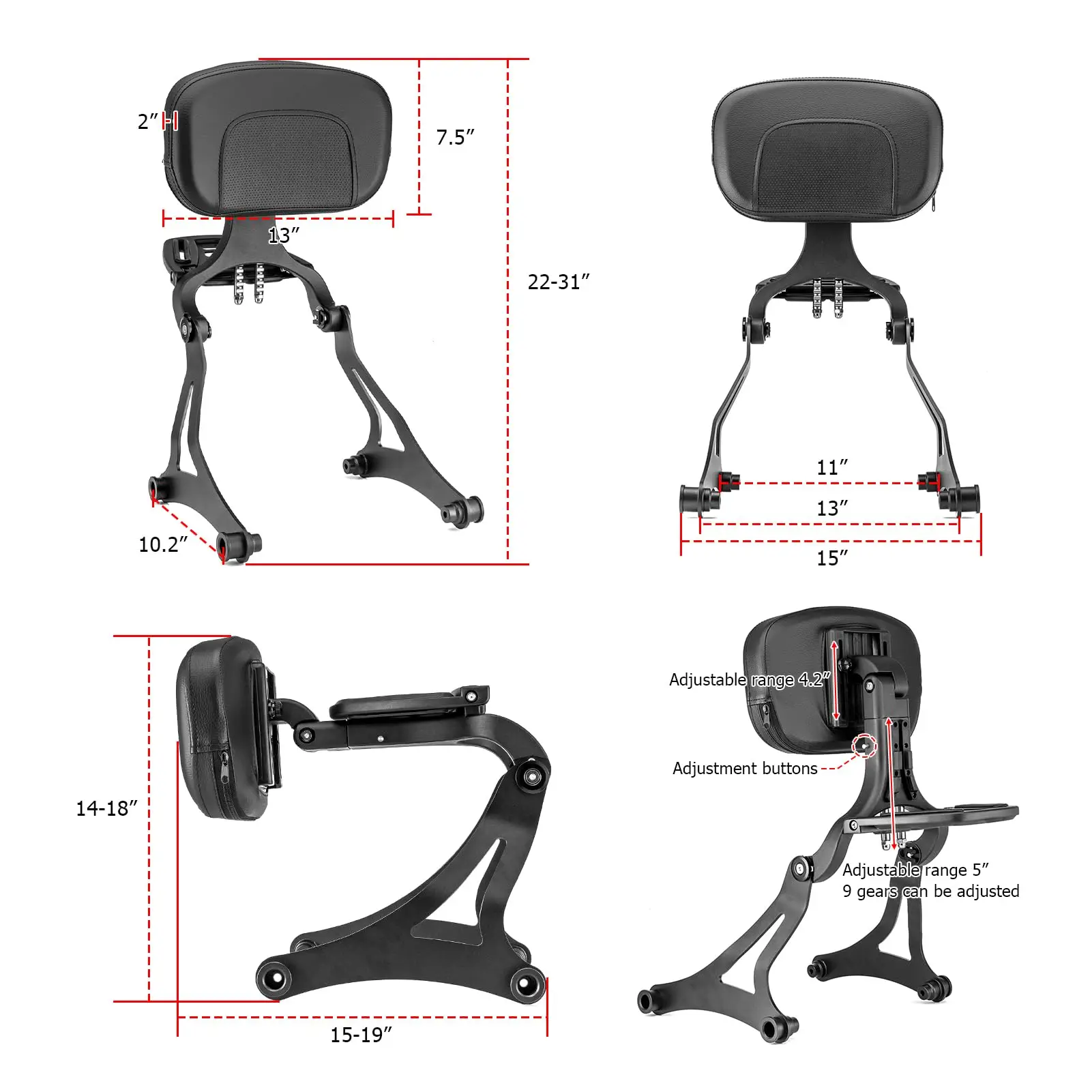 Adjustable Backrest Sissy Bar Compatible with 2014-2024 Indian Chieftain Dark Horse Vintage Challenger Springfield Models