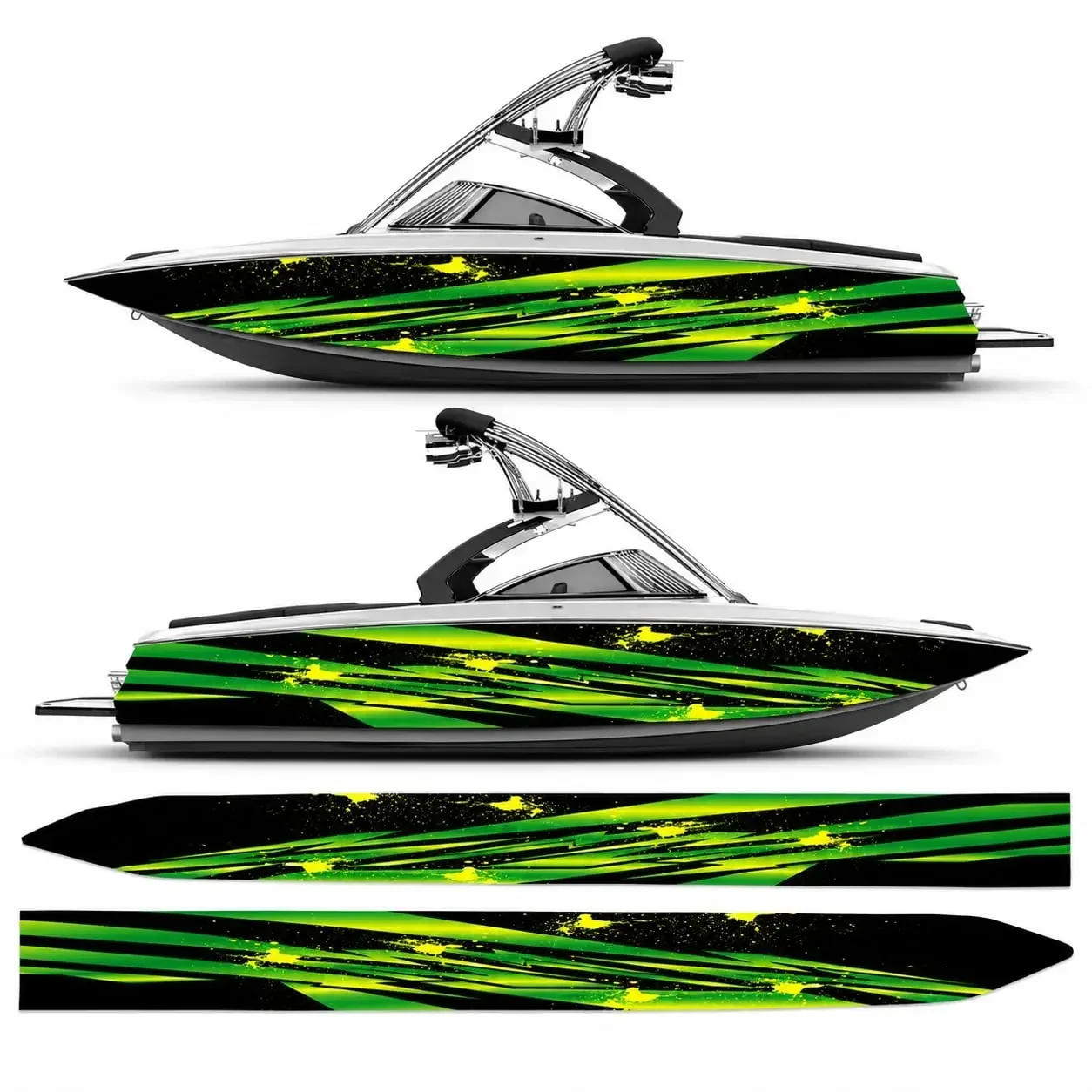 2Pcs Neon Green Racing Stripes Boat Side Decals, Vivid Color Waterproof Sunproof Marine Hull Graphics,