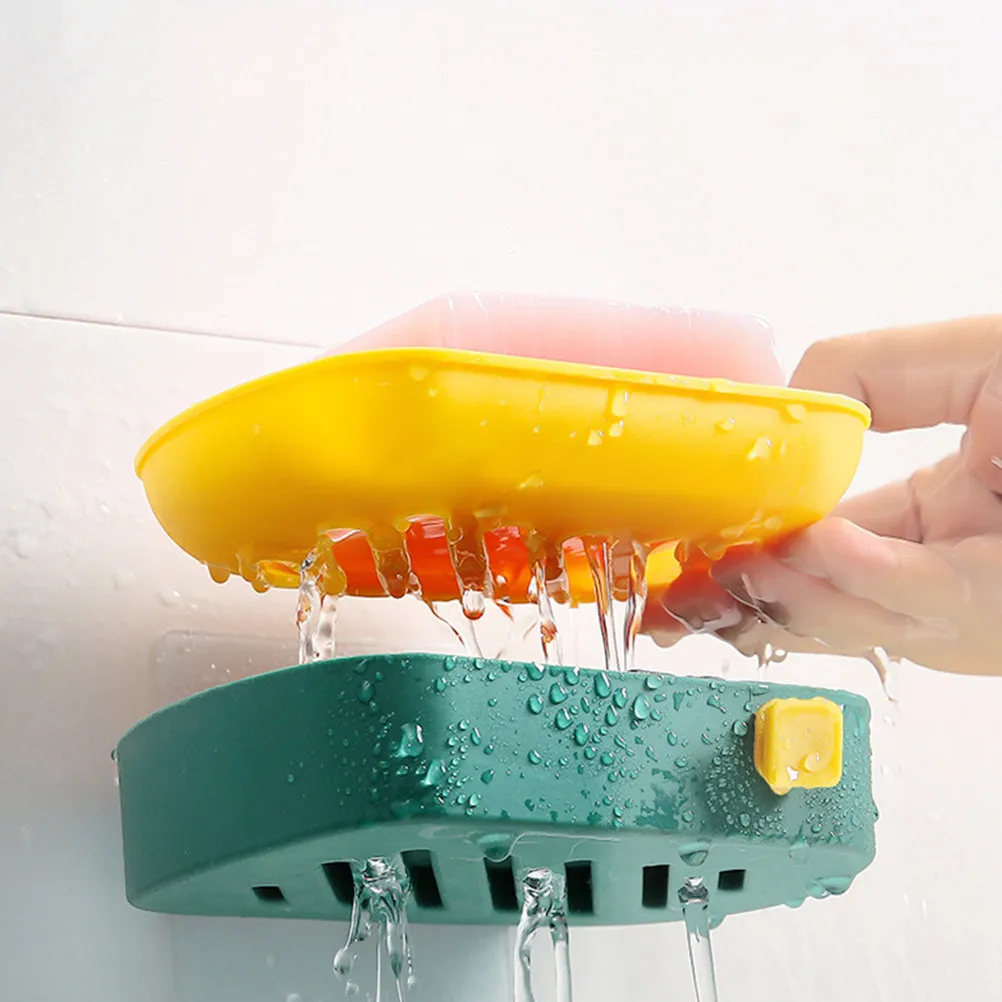 Double-Layer Wall Mounted Drain Soap Dish Adhesive Bar Soap Holder for Shower Bathroom Kitchen Towel Sponge Hook Storage