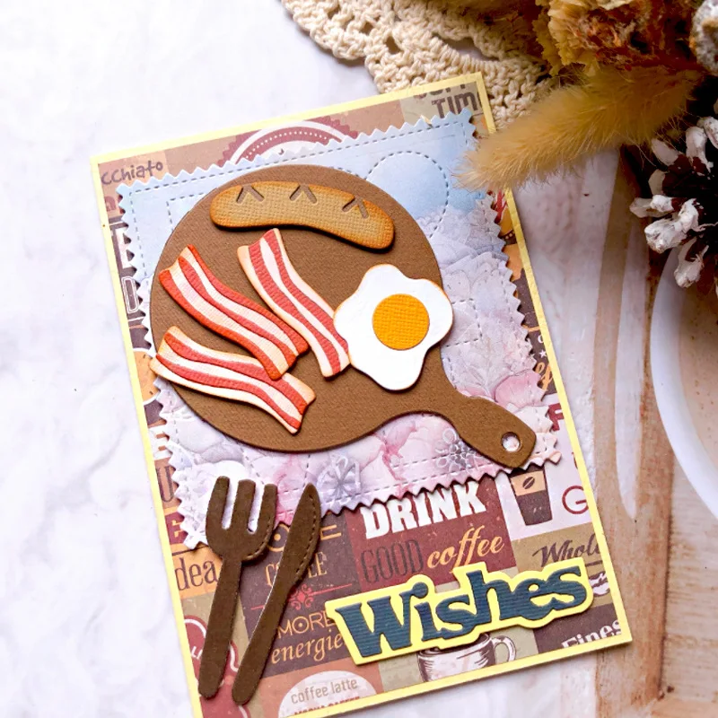 Breakfast Plate Toast Bacon Fried Egg Sausage Fork Knife Metal Cutting Dies DIY Scrapbooking Embossing Stencil for Handmade