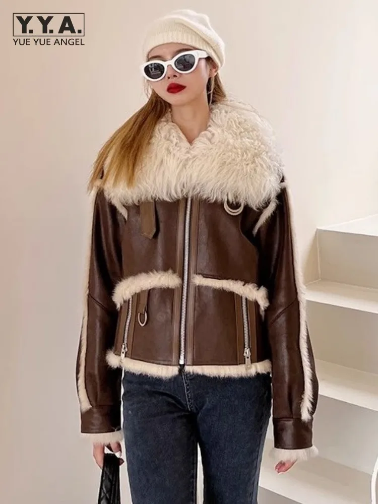 Fashion Warm Real Rabbit Fur Liner Women Motorcycle Jacket Casual Zip Wool Collar Long Sleeve Winter New Ladies Short Overcoat