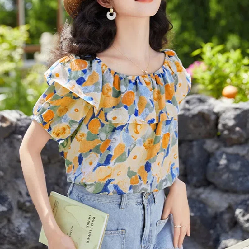Simplicity Office Lady Summer Women\'s Slash Neck Printing Ruffles Puff Sleeve Korean Sweet Loose Short Sleeve Chiffon Shirt Tops