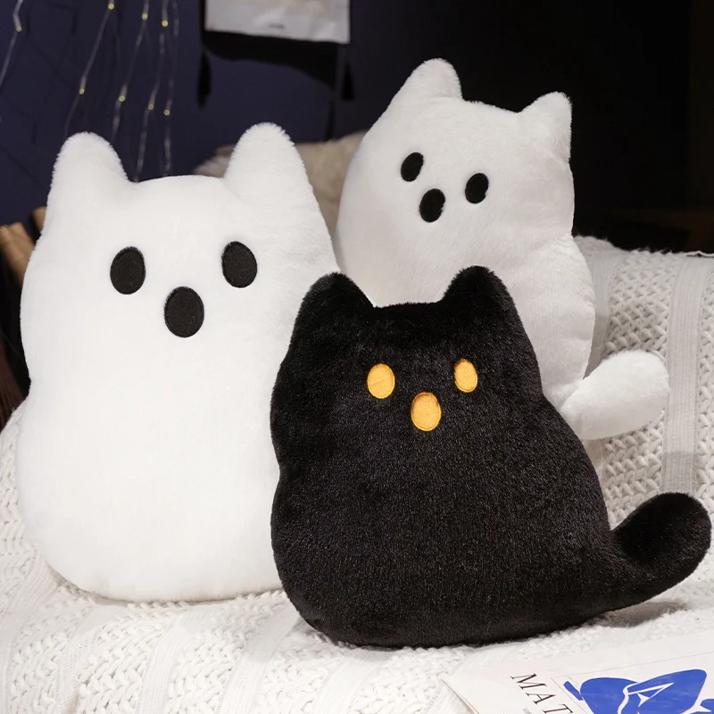 Oreiller en peluche Animal fantôme de dessin animé, coussin de chat noir et blanc, accessoire de fête pour Halloween, obscurité, cadeau en peluche
