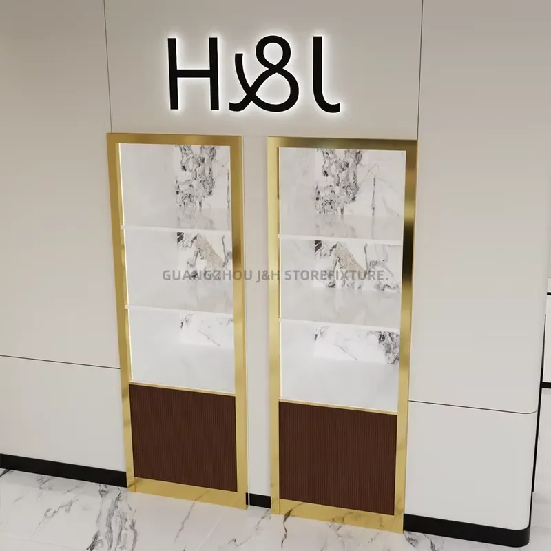Decorative Wall Mounted Square Floating Shelves Fashion Design Layout Perfume Display Rack Golden Metal Frame Display Shelf