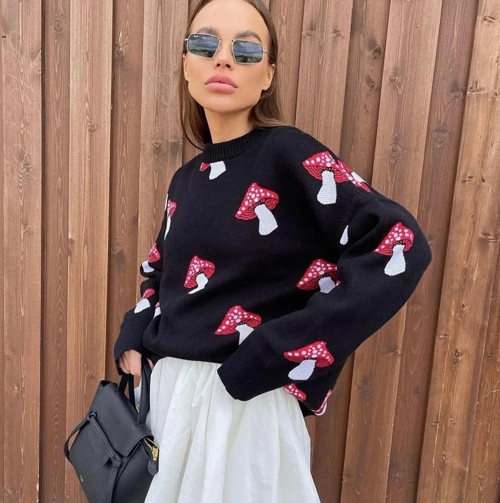 

Women's Clothing Trend New Fashion Mushroom Graphic Print Sweater Long Sleeve Plus Size Tops Loose Casual Street Pullovers