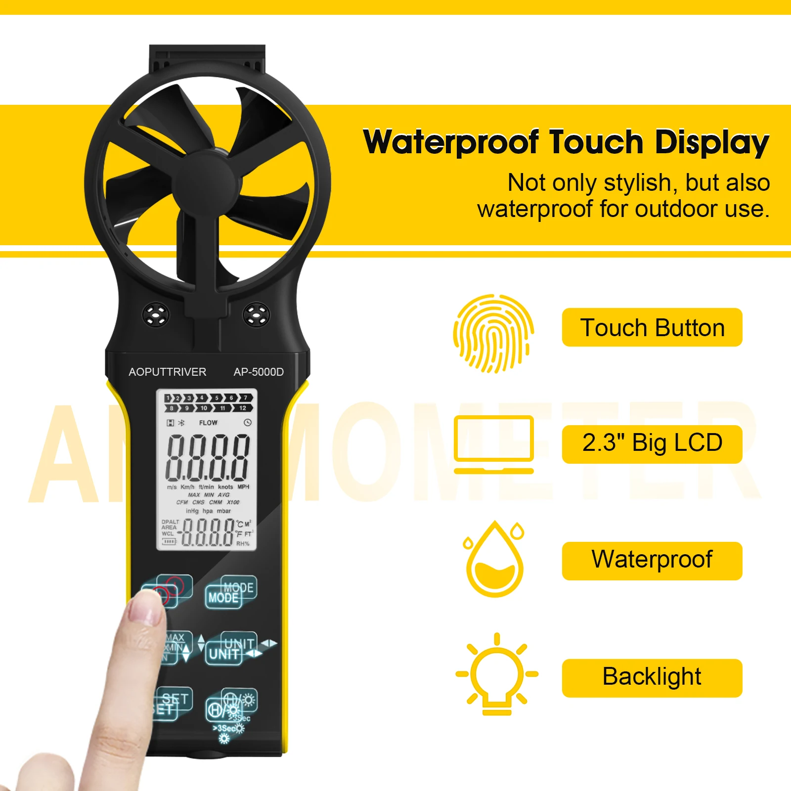 Digital Anemometer Handheld Wind Meter, Rechargeable Air Flow Tester with CFM, Tripod Hole, 5 Units, MAX/MIN for HVAC, Duct