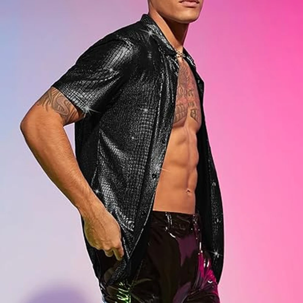

Male Tops Men Shirt Fashionable Regular Turn-down Collar Disco Stage Shirt Shiny Party Performance Short Sleeve
