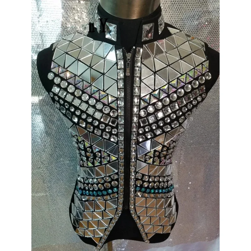 Handmade Men's Crystal Mirror Lens Vest Cool Slim Performance Jacket Nightclub Male Singer Dancer Show Stage Outfit Costumes PA3