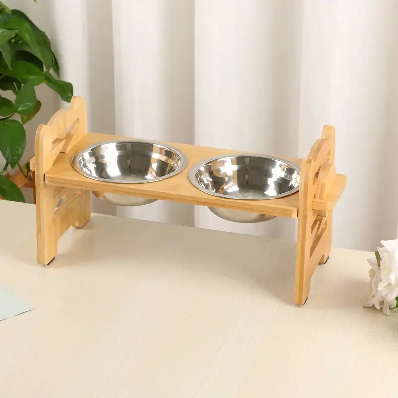 Elevated Dog Bowls Bamboo Tilted Adjustable Dogs Feeder Stand with Stainless Steel Food Bowls for Puppies Cats Pet Accessories