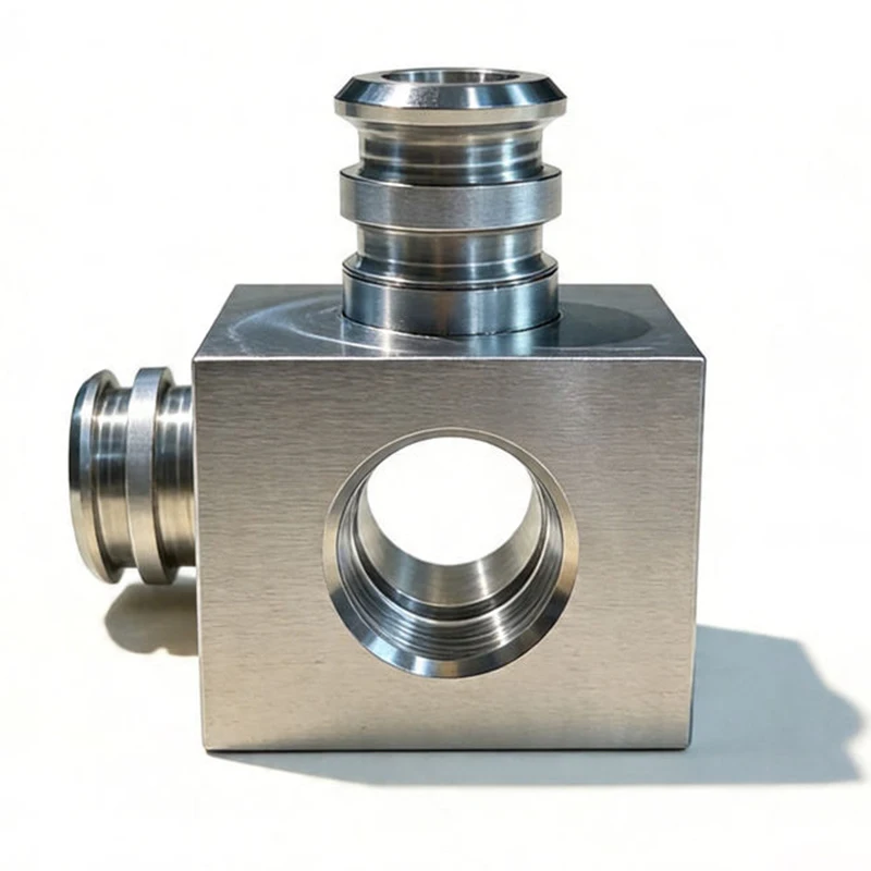 5-Axis CNC Milling Turned Stainless Steel Square Hydraulic Manifold Block Brushed Surface Custom Tri-Way Threaded Pipe Fitting