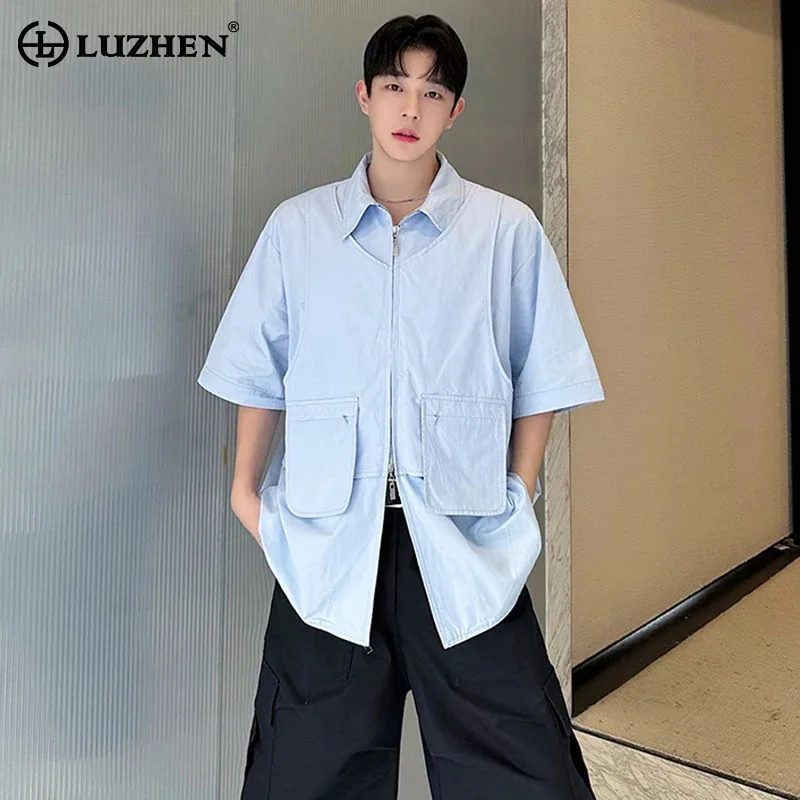 

LUZHEN Pockets Splicing Short Sleeved Shirts Original Stylish Casual Elegant Korean Youth Solid Color Men's Street Tops LZ5342