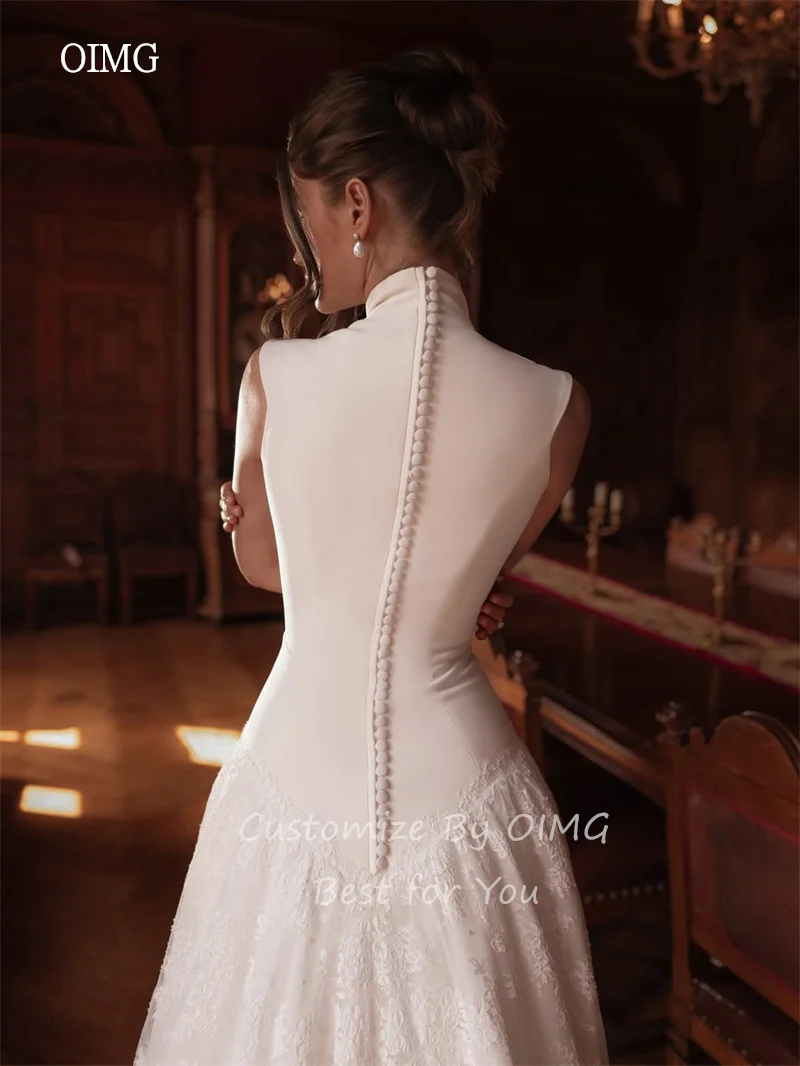 OIMG Luxurious Lace High Neck A Line Wedding Dress Sleeveless Long Tail Bride Dresses Floor Length Wedding Gowns Customized