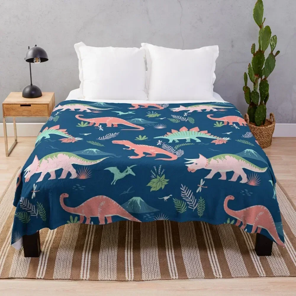 

Jurassic Dinosaur in Blue + Coral Throw Blanket Decorative Sofas Hairy Bed linens Blankets