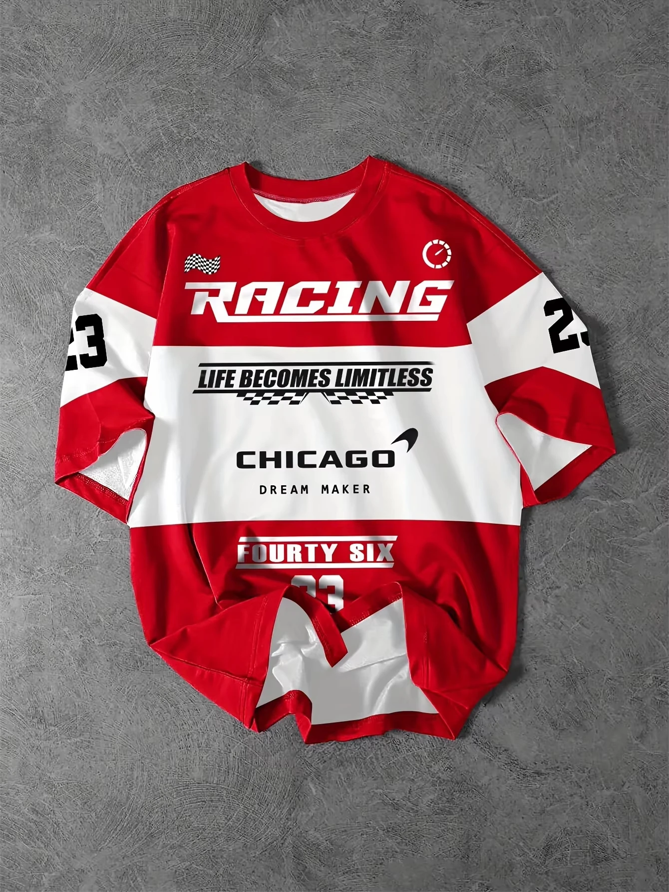 Unisex Racing Car Flag Graphic T‑Shirt Chicago Letter Number 23 Patchwork Colorblock Short‑Sleeve Jersey Tee Street Casual Tops