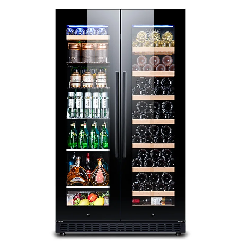 NE-426 Vinoteca independiente grande de 300l con doble zona para 106 botellas, integrada en la pared, con estantes de madera.