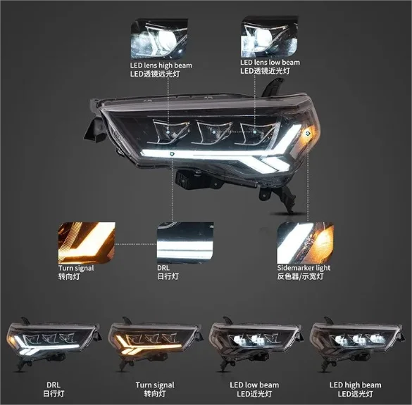 Lampu Depan Abs 4X4 Kualitas Baik Lampu Depan Aftermarket Led Lampu Depan Kuning Putih untuk 4Runner 2014-2020