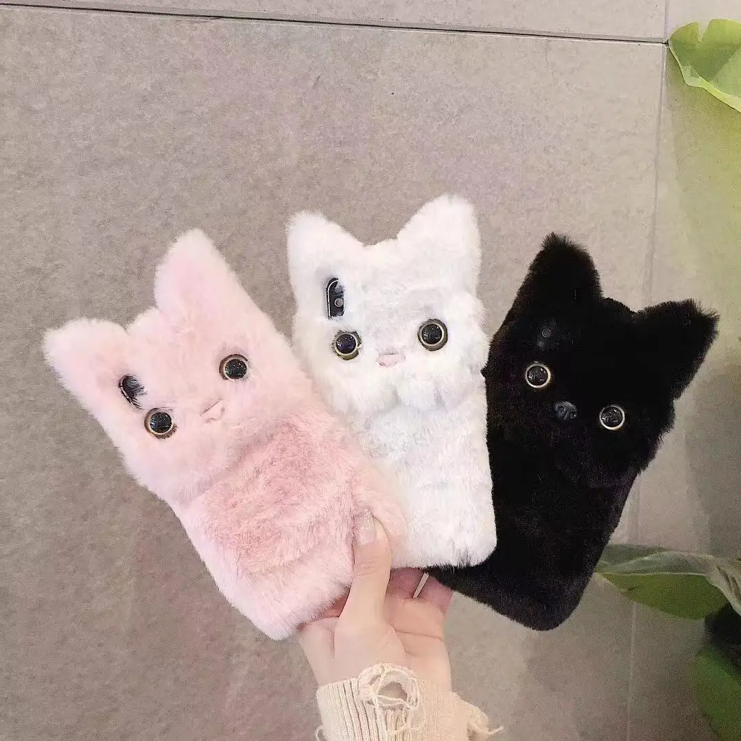 Winter Warm Plush Phone Case For iPhone 15 14 XS XR X 13 12 11 Pro Max Cat Furry fluffy Fur Cover For iPhone 6 6S 7 8 Plus Cases