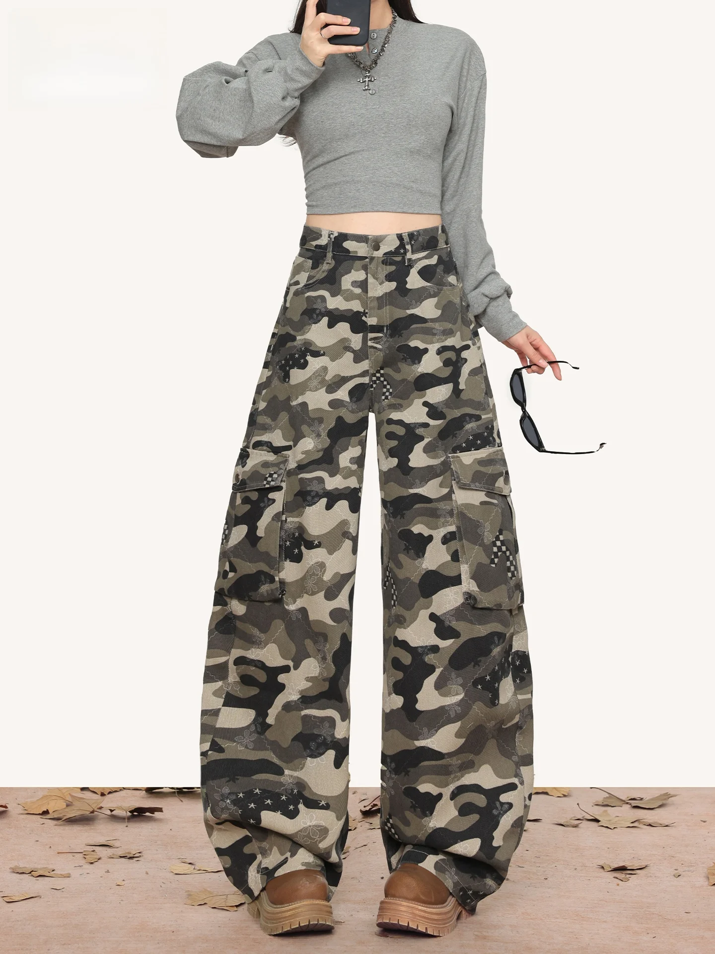 

American Retro Camouflage Workwear Jeans Women's Loose Wide Leg Pants High Waist Neutral Style Summer New Arrival