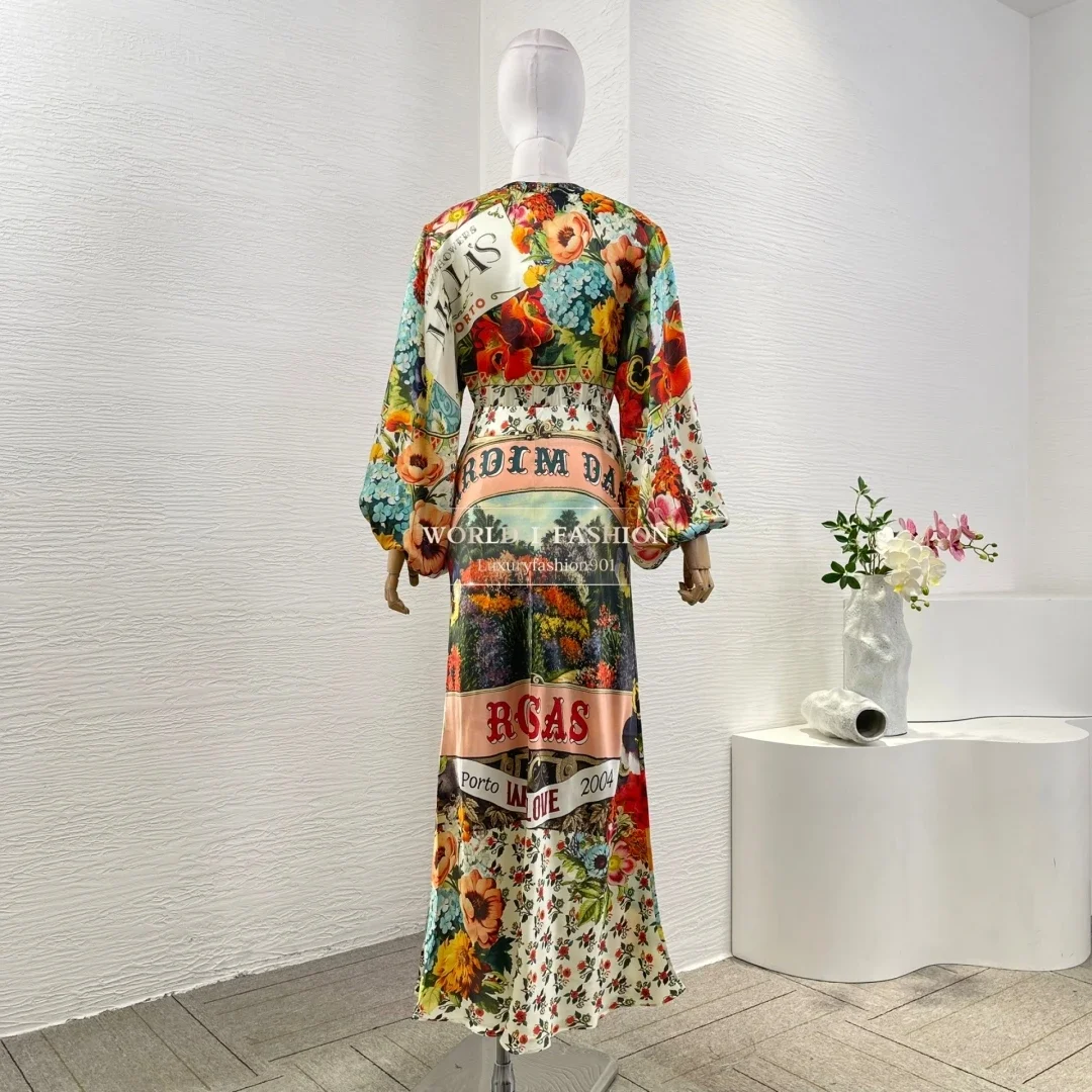 Seda pura cor misturada 2025 nova alta qualidade feminina férias floral impressão completa lanterna manga midi vestido sereia